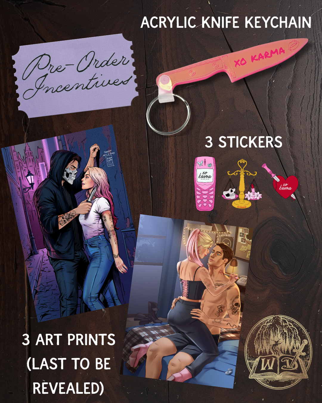 XO Karma SIGNED PRE-ORDER (includes 3 art prints, 3 stickers, and an acrylic knife keychain)
