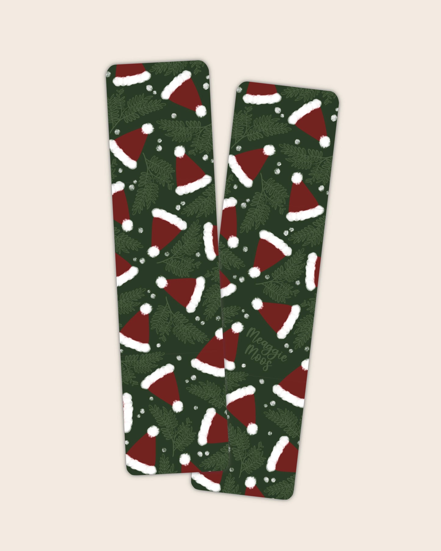 Green Santa Hats Christmas Bookmark | Glossy