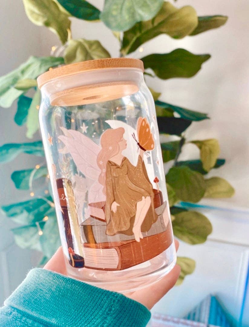 Fantasy Reader Fairy and Dragon 16 oz. Glass Cup