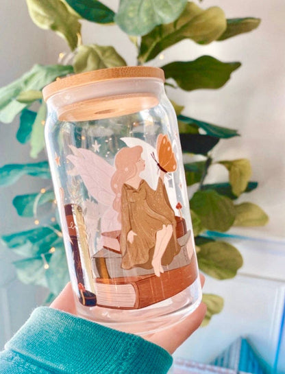 Fantasy Reader Fairy and Dragon 16 oz. Glass Cup
