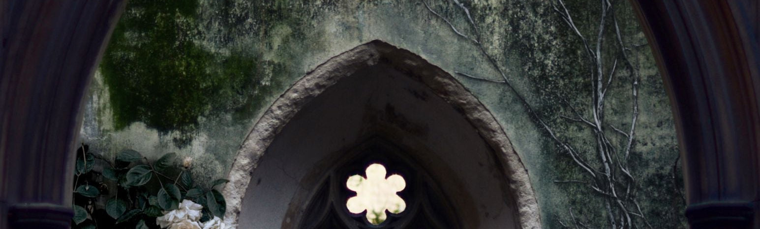 Gothic archway with a light fixture inside, surrounded by trees and foliage.