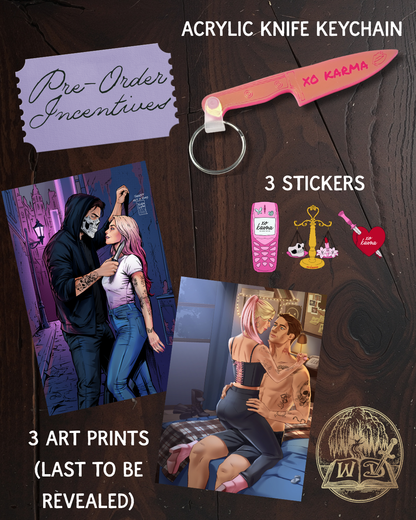 XO Karma SIGNED PRE-ORDER (includes 3 art prints, 3 stickers, and an acrylic knife keychain)