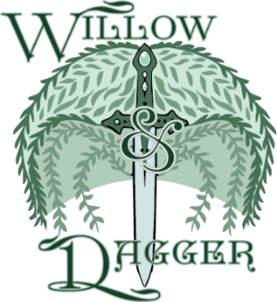 Logo with a dagger and foliage, featuring the text 'Willow Dagger'.